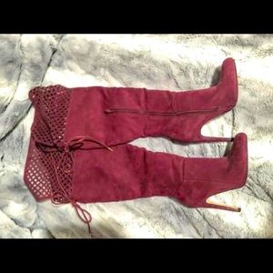 Laser cut thigh high stiletto boots corset back